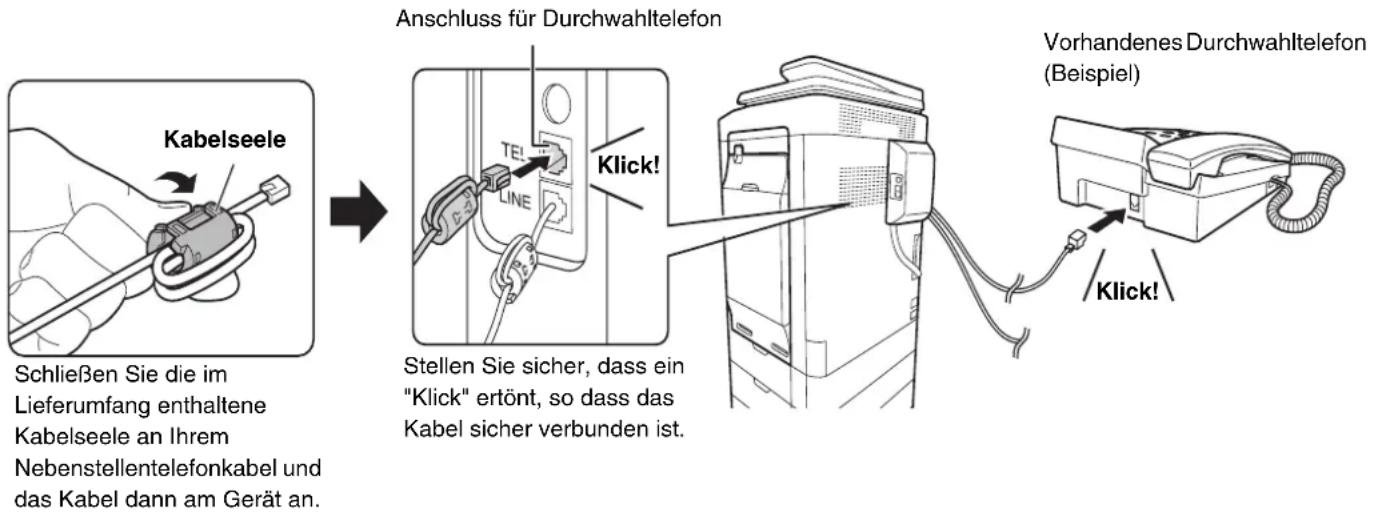 Kabelseele Schließen Sie die im Lieferumfang enthaltene Kabelseele an Ihrem Nebenstellentelefonkabel und das Kabel dann am Gerät an. Anschluss für Durchwahltelefon Klick! Stellen Sie sicher, dass ein "Klick" ertönt, so dass das Kabel sicher verbunden ist. Vorhandenes Durchwahltelefon (Beispiel) Klick!