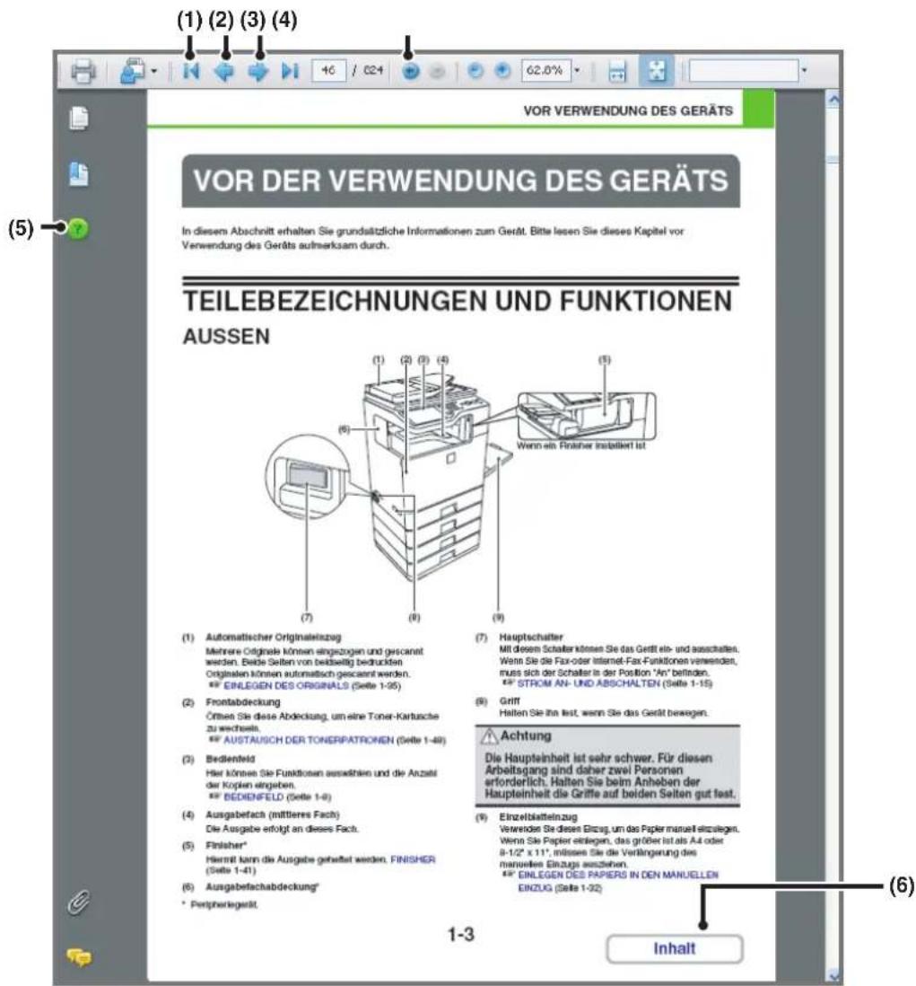 (1) (2) (3) (4) VOR VERWENDUNG DES GERÄTS VOR DER VERWENDUNG DES GERÄTS In diesem Abschnitt erhalten Sie grundstützliche Informationen zum Gerät. Bitte lesen Sie dieses Kapitel vor Verwendung des Geräts aufmerksam durch. TEILEBEZEICHNUNGEN UND FUNKTIONEN AUSSEN (1) Automatischer Originaleinzug Mehrere Originale können eingezogen und gescanet werden. Beide Selten von beidseitig bedruckten Originaten können automatisch gescanet werden. ** EINLEGEN DES ORIGINALS (Seite 1-35) (2) Frontabdeckung Örften Sie diese Abdeckung, um eine Toner-Kartusche zu wechselt. ** AUSTAUSCH DER TONERPATRONEN (Seite 1-48) (3) Bedientfeld Hier können Sie Funktionen aussetzien und die Anzahl der Kopien eingeben. ** BEDIENFELD (Seite 1-8) (4) Ausgabefach (mittleres Fach) Die Ausgabe erfolgt an dieses Fach. (5) Finisher* Hiermit kann die Ausgabe gehaltet werden. FINISHER (Selte 1-41) (6) Ausgabefachabdeckung* * Peripheralgerät. (7) Hauptschalter Mit diesem Schalter können Sie das Gerät ein- und auschalten. Wenn Sie die Fax-oder Internet-Fax-Funktionen verwenden, muss sich der Schalter in der Position "An" befinden. ** STRÖM AN- UND ABSCHALTEN (Seite 1-15) (8) Griff Halten Sie ihn fest, wenn Sie das Gerät bewegen. Achtung Die Haupteinheit ist sehr schwer. Für diesen Arbeitsgang sind daher zwei Personen erforderlich. Halten Sie beim Anheben der Haupteinheit die Griffe auf beiden Selten gut fest. (9) Einzelblattelnzug Verwenden Sie diesen Einzug, um das Papier manuell einzulegen. Wenn Sie Papier einlegen, das größer ist als A4 oder 8-1/2" x 11", müssen Sie die Verlängerung des manußes Einzugs ausziehen. ** EINLEGEN DES PAPIERS IN DEN MANUELLEN EINZUG (Seite 1-32) Inhalt (6)