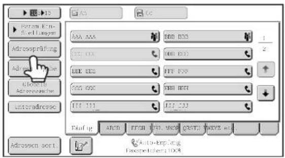 Param Ein- Stellungen Adressprüfung Adress Prüsse Gloosige Adressprüche Unteradresse AAA AAA BBD B33 1 2 EEE CCC 000 000 EEE GEB FTE F59 CCC CCC ENH ICH ITT 111 ITT 237 Fauflg ABCD FCCN FDI. UNOR CBSTJ TWXYE H1. Adressen sort. Auto-RepZang Faxospectris:1008