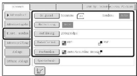 Scanmen Ad copy product Ad copy set up to 10 Einst. senden Ad copy set up to 10 Aloge Offene Aloge Original Scanen: M Senden: Auto Reclining Auto Auflösung 200x200dpi Daten format PDF PDF Farmodus Auto/Grassone Newoa Special Invert