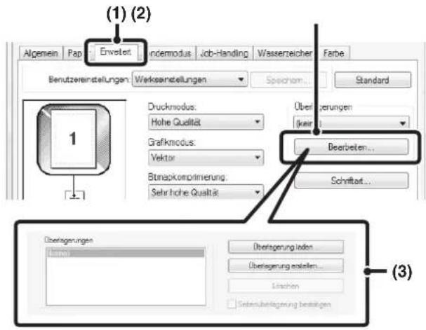 (1) (2) Algemein Pap Erweiter indemodus Job-Handling Wasserzeicher Farbe Benutzvereinstellungen Werksanstellungen Speichom... Standard Druckmodus: Hohe Qualität Grafikmodus: Vektor Btmapkomprimerung: Sehr hohe Qualität Überlegerungen (kein) Bearbeter... Schriftart... Überlegerungen (3)