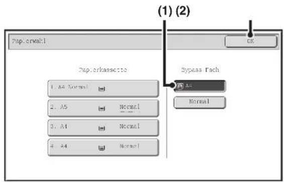 Paplerkassette 1. A4 Normal 2. A5 Normal 3. A1 Normal 4. A4 Normal (1) (2) OK Bypass Fach A4 Normal