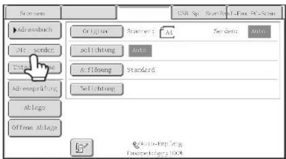 Scan menu Addressbuch Atr. sendet Enter image Adressprüfung Ablage Offene ablage Original Scanmen: A4 Sohllichtung Auto Aflösung Standard Selichtung Auto-bp.p.sng Fusopetideng1004