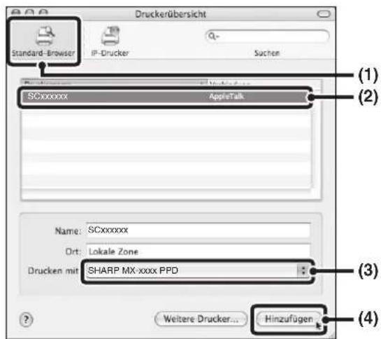 Druckerübersicht Standard-Browser IP-Drucker Suchen (1) (2) SCxxxxxx AppleTalk Name: SCxxxxxx Ort: Lokale Zone Drucken mit SHARP MX-xxxx PPD (3) Weitere Drucker... Hinzufügen (4)