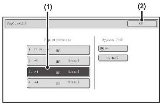 (1) Papierkassette 1. A4 Normal 2. A5 Normal 3. A1 Normal 4. A4 Normal (2) OK Bypass Fach A4 Normal
