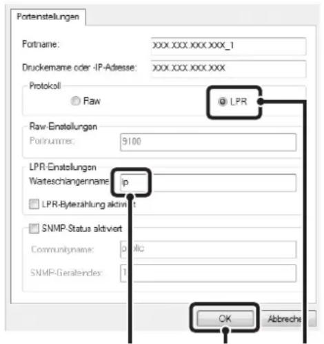 Portenstellungen Portname: XXX.XXX.XXX.XXX_1 Druckname oder -IP-Adresse: XXX.XXX.XXX.XXX Protokoll Raw LPR Raw-Einstellungen Portnummer: 9100 LPR-Einstellungen Warteschägenname: p LPR-Bytezahlung aktiviert SNMP-Status aktiviert Communityname: ###c SNMP-Geratendex: 1 OK Abbreche