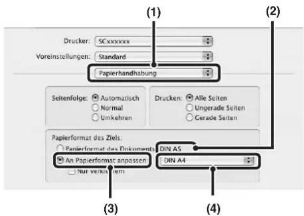 (1) Drucker: SCxxxxxx Voreinstellungen: Standard Papierhandhabung (2) Seitenfolge: Automatisch Normal Umkehren Drucken: Alle Seiten Ungerade Seiten Cerade Seiten Papierformat des Ziels: Papierformat des Dokuments DIN A5 An Papierformat anpassen DIN A4 Nut verklern (3) (4)