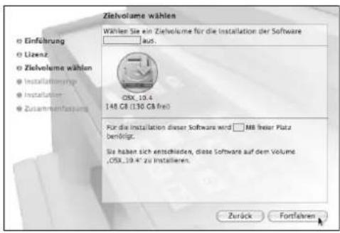 Zielvolume wählen Wählen Sie ein Zielvolume für die Installation der Software Aus. OISX_10.4 148 GB (130 GB frei) Für die Installation dieser Software wird □ MB freier Platz benrückgt. Sie haben sich entschieden, diese Software auf dem Volume ,OISX_10.4" zu Installieren. Zurück Fortfahren