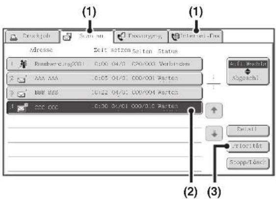 (1) Bruckjoh Scan on Faxvoryng. Internet-Fax Address Zeit setzen.Seiten Status Bombierung/0001 0:00 04/0 020/003 Verbinden AAA AAA 0:05 04/0 000/001 Werten BBB B22 10:22 04/0 000/001 Werten CCC CCC 0:30 04/01 000/0.8 Werten (Affl. Besticht) Abgeschl. Detail Priorität Stopp/Tösch (2) (3)