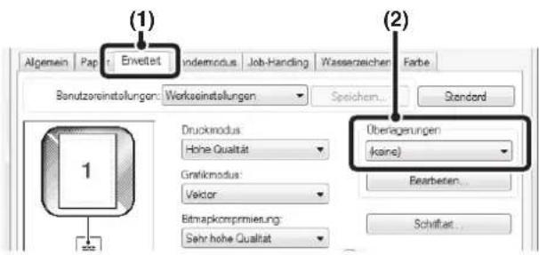 (1) Algemein Paper: Erwettet indemodus Job-Handling Wasserzeichen Farbe Benutzereinstellungen: Werkseinstellungen Speichem... Standard Druckmodus Hohe Qualität Graffmodus: Vector Überagerungen (kane) Bearbeten... Bitmapkomprimierung: Sehr hohe Qualität Schriftart...