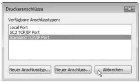 Druckeranschlüsse Verfügbare Anschlusstypen: Local Port SC2 TCP/IP Port Standard TCP/IP Port Neuer Anschlusstyp... Neuer Anschluss... Abbrechen