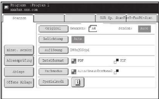 Program :Program i xxxxxxx.xxx.com Scanen Original Scanen: A4 Senden: Auto Belichtung Auto Binst. senden Auflösung 200x238dpi Adressprüfung Dateiformat PDF PDF Ablage Fachmodus Auto/StrautöreMono2 Offene Ablage Spezialmodi