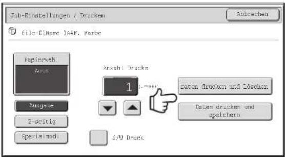 Job-Einstellungen / Drucken File-CNName 144R. Farbe Abbrechen Papierweb. Aus Nagasse 2-seitig Spezialmodi Anzahl Drucke: 1 Daten drucken und Leachen Daten drucken und speichern A/W Druck