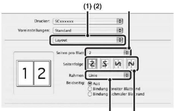 (1) (2) Drucker: SCxxxxxx Voreinstellungen: Standard Layout Seiten pro Blatt: 2 Seitenfolge: Rahmen: Linie Beidseitig: Aus Bindung: preiter Blatt und Bindung: schmaler Blatt und