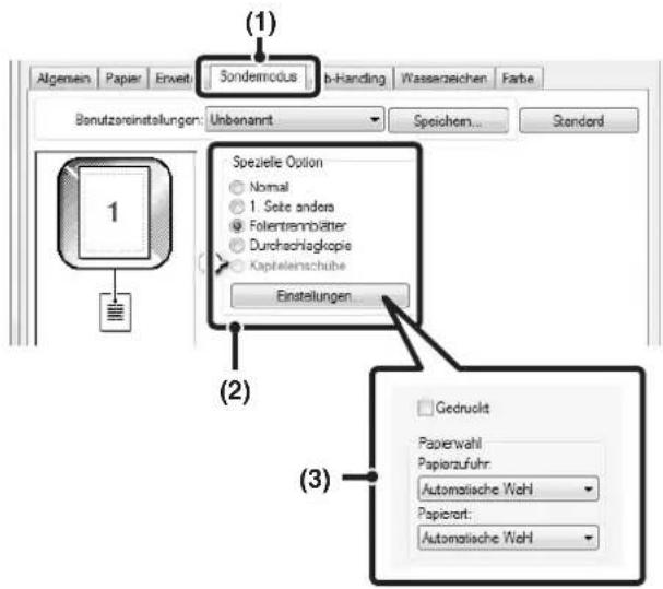 (1) Sondermodus b-Handing Wasserzeichen Farbe Algemein Papier Erweit Bonutzereinstellungen: Unbanannt Speichem... Standard Spezielle Option Normal 1. Seite andere Follentrembiwter Durchschnittkopie Kapteleinschübe Einstellungen (2) Gedruckt Paperwahl Papierzufuhr: Automatische Wahl Papierort: Automatische Wahl (3)
