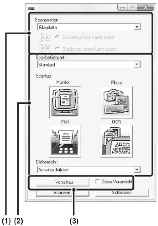 Scanpostion : Glasplatte Zuführung Inke Kante zuerst Zuführung obere Kante zuerst Scanbetriebsart : Standard Scantyp: Monitor Photo FAX OCR Bildbereich : Denutzerdefiniert Vorschau Zoom-Voransichl Scannen Schleissen (1) (2) (3)