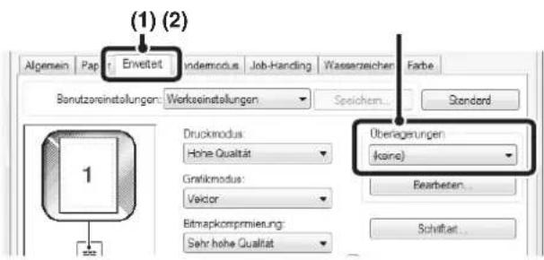 (1) (2) Algemein Paper: Erweitet Indemodus Job-Handling Wasserzeichen Farbe Berutzvereinstellungen: Werkseinstellungen Speichen Standard Druckmodus Hohe Qualität Grafikmodus: Vector Bitmapkomprimierung: Sehr hohe Qualität Überagerungen (kains) Bearbeten... Schriftart...