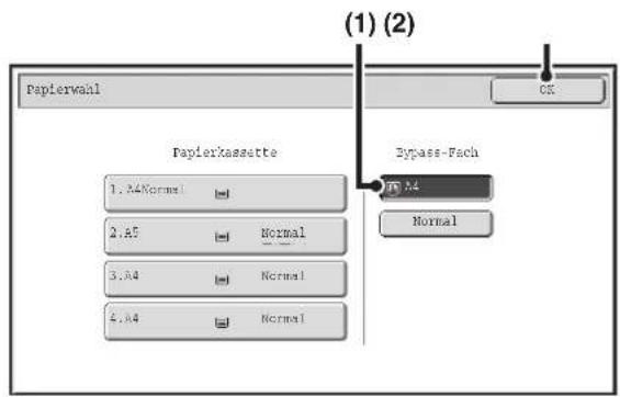 Papierwahl Papierkassette 1.A4Normal 2.A5 Normal 3.A4 Normal 4.A4 Normal (1) (2) Bypass-Fach Normal