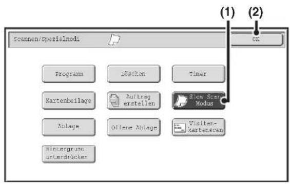 Scanen/Specialmod Program Döcken Timer Kartenbeilage Auftrag erstellen Slow Scan Modus Ablage Offene Ablage Walten-xartenscan Mindergrunde unterdrücker (1) (2) OK