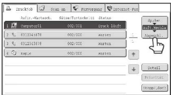 Druckjob Scan an Farnvorgang Internet-Fax Aufr.-Wartsch. Sätze/Fortschritt Status 1 Computer01 002/001 Druck läufs 2 % 0112345678 002/000 warten 3 % 0112345678 002/000 warten 4 Kopie 002/000 warten Spiler Auft.Machila Abgeschl. Detail Priorität Stopp/_Gact