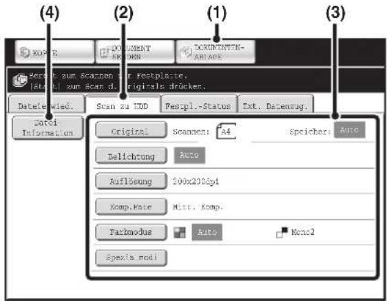(4) (2) (1) (3) KOP R POMENT SKONN DOWNTENTN- ARLAGE Person zum Scanen zur Restplatte. lster: zum scan d. Originals drücker. Datele wied. Scan zu IDD Person.-Status Ext. Datenzug. Durch Information Original Scanen: A4 Speicher: Auto Belichtung Auto Auflösung 200x230dpi Komp.Rate Mitt. Komp. Fachmodus Auto Mono2 Spezels modi