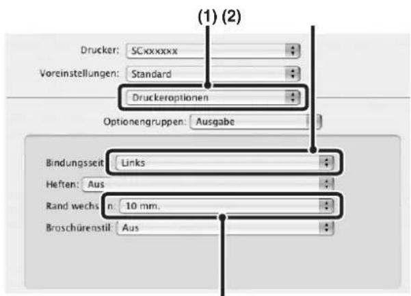 (1) (2) Drucker: SCxxxxxx Voreinstellungen: Standard Druckeroptionen Optionengruppen: Ausgabe Bindungszeit: Links Heften: Aus Rand wechs: n. 10 mm. Broschürenstil: Aus