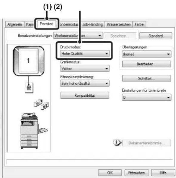 (1) (2) Algemein Papi Erwartet Fondermodus Job-Handling Wasserzeichen Farbe Benutzerinstellungen Workasinstellungen Speichorn... Standard Druckmodus: Hohe Qualität Grafikmodus: Veldor Bitmapkomprimerung: Sehr-hohe Qualität Kompatibilität Überlagerungen: (€/sina) Bearbeten... Schriftart... Einstellungen für Lrienbrete 0 Dokumentenkontrolle... OK Abbrechen Höfe