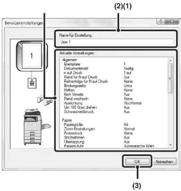 Benutzereinstellungen Name für Einstellung: User 1 Aktuelle Einstellungen: Algemein Exemplare Dokumentenstil n auf Druck Rand für N auf Druck Rehängige für N auf Druck Bindungsseite Heften Kein Versatz Rand wechseln Ausrichtung Um 180 Grad drehen Schwarzweißdruck Papier Papiergröße Zoom-Einstellungen Postedruck Streichnahmen Überiappung Papierzuhrer 1seitig 1 auf Aus Kone Links Kone Aus Kone Hochformel Aus Aus A4 Nomal Kone Aus Aus Automatische Wahl OK Abbrechen (2)(1) (3)