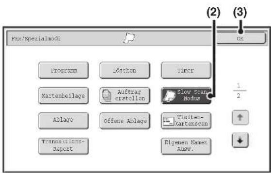Fax/Spezialmodi Program I&achon Timer Kartenbeilage Auftrags erstellon Slow Scan Modus Ablage Offene Ablage Visiten-Kartenscan Transactions-Report Eigenen Name: Ausw. (2) (3) OK 1/2