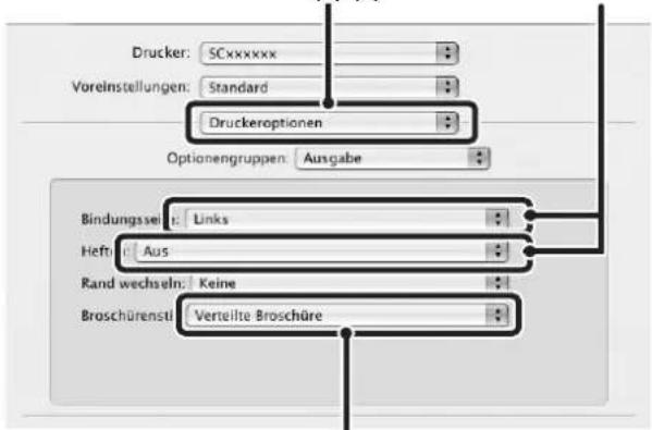 Drucker: SCxxxxxx Voreinstellungen: Standard Druckeroptionen Optionengruppen: Ausgabe Bindungszeit: Links Heft: Aus Rand wechseln: Keine Broschürensti: Verteilte Broschüre