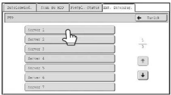 Datelcnwiδ. Scan zu H2D Postpl. Status Ext. Datenzug. FTP Server 1 Server 2 Server 3 Server 4 Server 5 Server 6 Server 7 Zurück 1/3