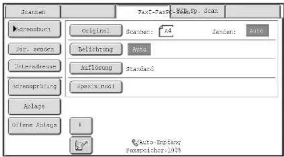 Scanen FaxI-FaxP-86BnSp. Scan Adressbuch Original Scanen: A4 Senden: Auto Dir. senden Belichung Auto Untersadresse Auflösung Standard Adressprüfung Apexis nodi Ablage Offene Ablage R Auto-Empfang Faxspicher-100%