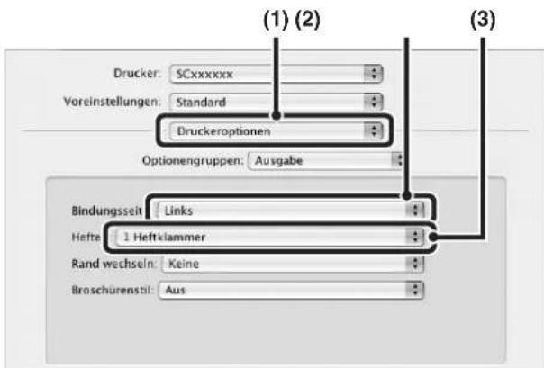 (1) (2) Drucker: SCxxxxxxx Voreinstellungen: Standard Druckeroptionen Optionengruppen: Ausgabe Bindungszeit Links Hefte 1 Heftklammer Rand wechseln: Keine Broschürenstil: Aus