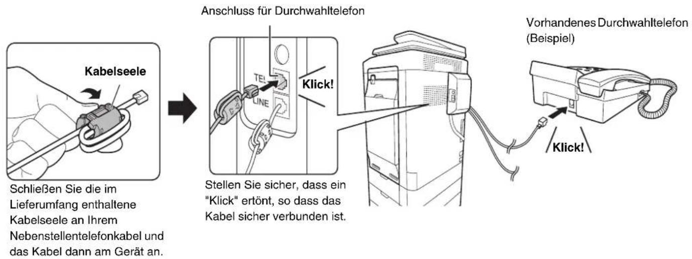 Kabelseele Anschluss für Durchwahltelefon Stellen Sie sicher, dass ein "Klick" ertönt, so dass das Kabel sicher verbunden ist. Vorhandenes Durchwahltelefon (Beispiel) Klick!