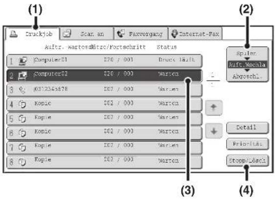 (1) Druckjob Scan an Faxvorgang Internet-Fax Auftr. WartosMätze/Fortschritt Status 1 Computer81 820 / 000 Druck Malt 2 Computer82 820 / 000 Warten 3 M312345678 802 / 000 Warten 4 Kopic 802 / 000 Warten 5 Kopie 802 / 000 Warten 6 Kopic 802 / 000 Warten 7 Kopie 802 / 000 Warten 8 Kopie 802 / 000 Warten (2) Spider Auft.Nechla Abgoshl. Detail Priorità: Stopp/Lösch (3) (4)