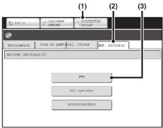 (1) (2) (3) KOPIS DOKUMMNT SEMEN DOKUMENTEN- ABLAGT Datelemwied. Scan zu HDMI@srpl. Status Ext. Datenzug. Externe Datenzupriff FTP Us3 Speicher Netzwerkordner