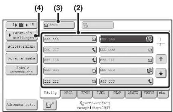(4) (3) (2) 3 ▶ 15 Faktur. Ein- stellungen Adressprüfung Adreisende Insgabe Globale Acreasrische Adressen sort. AAA AAA XXX CCC BBB BBD CGK1 BBK III III Auto-Bmpfang Faxsprichers:100% Auto-Bmpfang Faxsprichers:100%