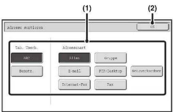 Adresse sortieren (1) (2) Tab. Casch. ABC Benutz. Adressenart Atlas E-mail Internet-Pax Gruppe FTP/Desktop Fax Netzernckordner