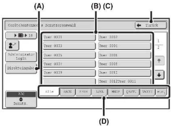 (A) Gerärekontemono & Sonutzereinswähl Zürück User 0031 User 0032 User 0033 User 0034 User 0035 User 0036 User 0037 User 0038 User 0039 User 001X User 0012User 0011 Alln ABCP RCH LWKI MNDP CRTL VKXY2 m.c. Administrator Login Direkteingabe ABC Denutz. (B) (C) (D)