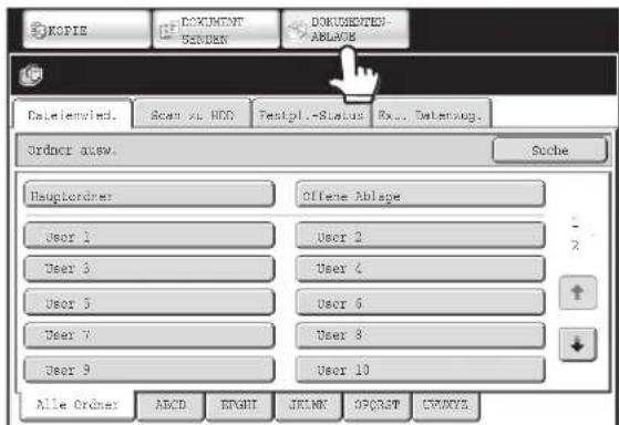 KOPIE DOKUMENTS SENDEN DOKUMENTS- ABLAKE Dateiemwind. Scan #1 HDD Testpl.-Status Rx... Deterzug. Order name. Suche Hauptorder Offene Ablage User 1 User 2 User 3 User 4 User 5 User 6 User 7 User 8 User 9 User 10 Alle Order: ABCD RIGHT JIME OPORST COMYEA