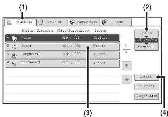 (1) Druckjob Scan no Faxvorgang I-Fax JAuftr.-Martesch. Sätze/Fortschritt Status 1 Kopie 020 / 031 Kopiert 2 Kopie 002 / 000 Marken 3 Computer01 002 / 000 Marken 4 0312345678 001 / 000 Marken (2) Spulen Auft wacila Abgeschl. Detail Priorität Slopp/Back (3) (4)