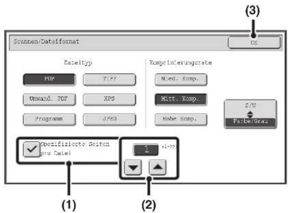 Scannen/Dataformat Date/typ MAY TIP? Unwass. PDF XPG Programm JPGS Komprimerungsrate Nied. Komp. Hitt. Komp. Hohe Komp. 5/8 Färbe/Gras (1) (2) Spezifizierte Seiten gro Datei 1-09