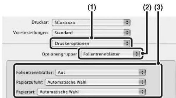 Drucker: SCxxxxxx Voreinstellungen: Standard Druckeroptionen Optionengrupper: Folientrennblätter Folientrennblätter: Aus Papierzufuhr: Automatische Wahl Papierart: Automatische Wahl