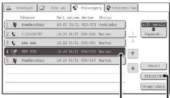 Druckjob Scan an Paxvorgang Internet-fax Adresse Zeit setzen Gelsen Status 1 Rundsenfung 10:00 04/01 020/03 Verbinden 2 0125456789 10:35 04/01 000/004 Marten 3 AAA AAA 10:22 04/01 000/004 Marten 4 RRR 236 10:30 04/01 000/010 Marten 5 Rundsenfung 10:33 04/01 000/010 Marten Auft. Aschla Abgeschl. Detail Priorität Stopp/Lösch