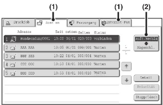 (1) Druckjob Scan an Paxvurgang Internet Fax (2) Adrease Zeit setzen Selten Status Rundenschung0001 10:30 04/01 020/003 Vorbinden AAA AAA 10:05 04/01 000/001 Warten BBB 228 10:22 04/01 000/004 Warten CCC DCC 10:30 04/01 000/010 Warten DDD DDD 10:33 04/01 000/010 Warten Aift.Neschäte Abgeschl. Detail Priorität Stopp/Toacc