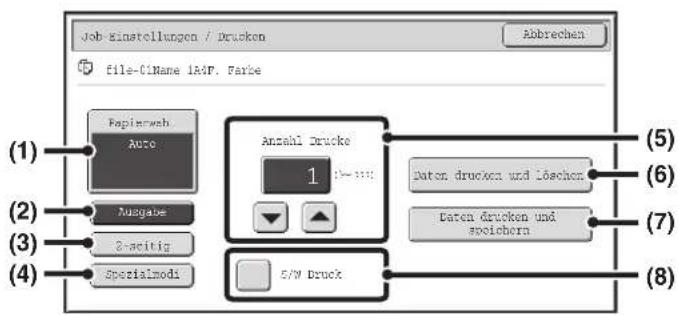 Job-Einstellungen / Drucken file-01Name iADF. Farbe Abbrechen (1) Fepierweb. Auto Anzahl Drucke 1 (5) (6) (2) Ausgabe 2-seitig Spezialmodi (3) (4) 5/W Druck Daten drucken und Löschern Daten drucken und speichern (7) (8)