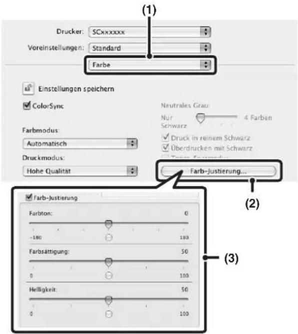 (1) Drucker: SCxxxxxx Voreinstellungen: Standard Farbe Einstellungen speichern ColorSync Farbmodus: Automatisch Druckmodus: Hohe Qualität Neutrales Grau: Nur 4 Farben Schwarz Druck in reinem Schwarz Überdrucken mit Schwarz Farb-Justierung... (2) Farb-Justierung Farbton: 0 -180 180 Farbsättigung: 50 0 100 Helligkeit: 50 0 100 (3)