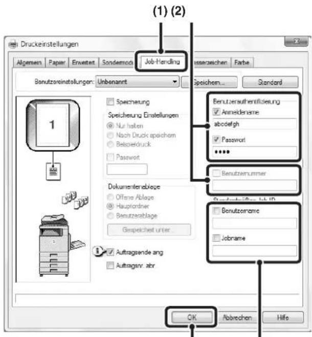 (1) (2) Druckeinstellungen Algemein Paper Enwettet Sonderemode Job-Handling Benzutzorsinstellungen: Unbenannt Speichem... Standard Speicherung Speicherung Einstellungen Nur halten Nach Druck speichern Beisieidruck Password Dokumentenablage Offene Ablage Hauptkordner Benutzerablage Gespeichet unter... Auftragsende ang Auftragsnr abr OK Abbrevchen Hife