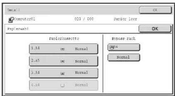 Detail 1 Computer01 023 / 500 Papier leer Papierwahl Papierkassette 1.54 Normal 2.65 Normal 3.54 Normal 4.64 Normal Bypass Fach Normal OK