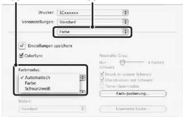 Drucker: SCxxxxxx Voreinstellungen: Standard Farbe Einstellungen speichern ColorSync Farbmodus: ✓ Automatisch Farbe Schwarzweiß Bildart: Standard Neutrales Grau: Nur 4 Farbes Schwarz ✓ Druck in reinem Schwarz ✓ Undrucken mit Schwarz Toner-Sparmodus Farb-Justierung... Erweiterte Farbe...